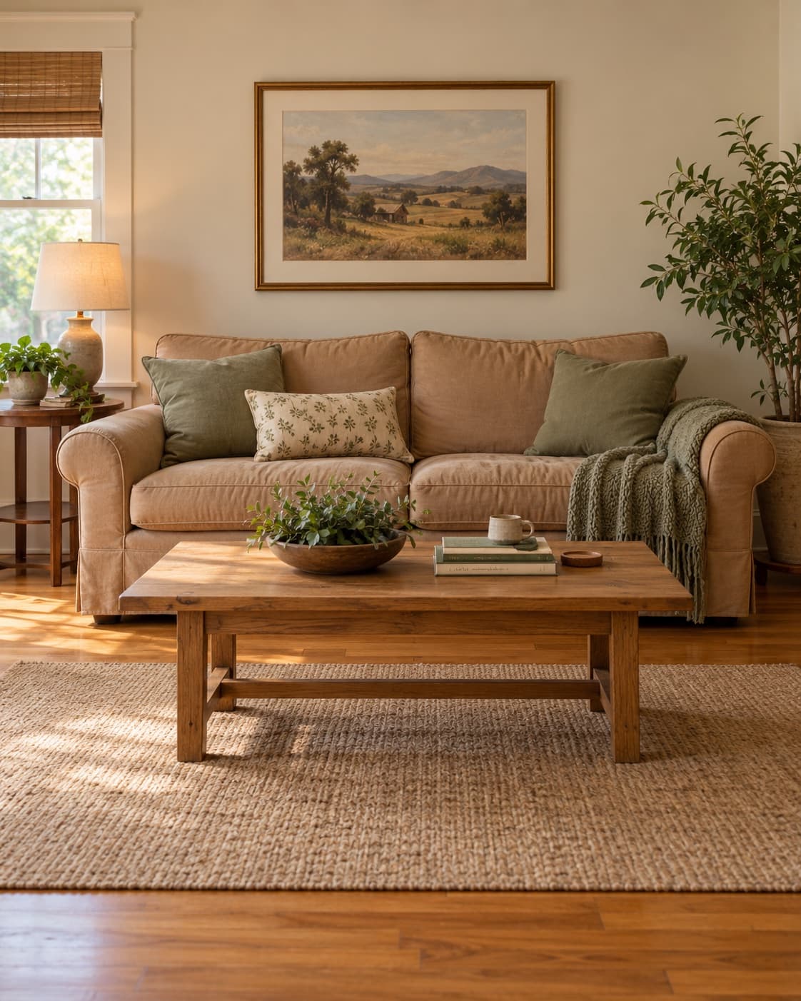 A straight-on view of a cozy bungalow sofa with sage cushions and a wooden coffee table
